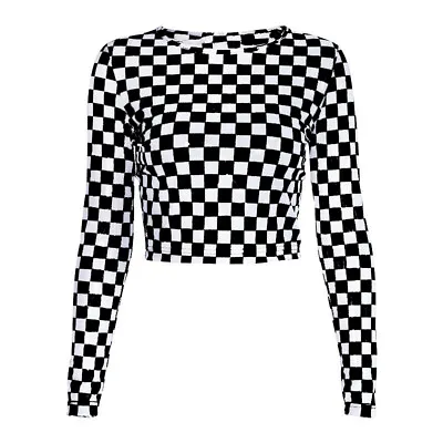 £6.99 • Buy Women Slim Long Sleeve Check Checkerboard Checked B&W Tee Crop Top Blouses