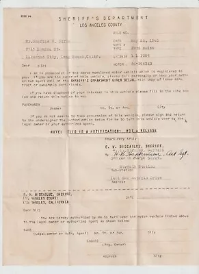 Los Angeles County Sheriff's Department. Motor Vehicle Impound Letter. May 1945 • £47.77