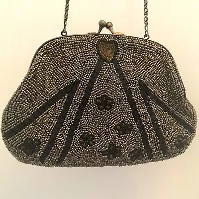 Immaculate Vintage Zara Gold & Black Beaded Evening Clutch Bag Handbag & Chain • £22