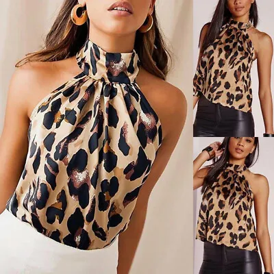 £7.99 • Buy Women Leopard Printed Halter Neck Cami Vest Evening Party Tops Sleeveless Blouse