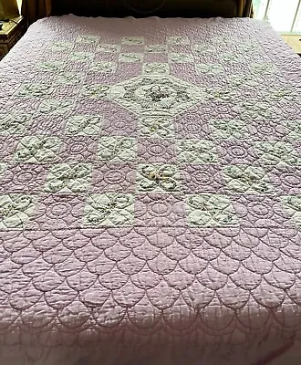 Vintage Lavender Quilt ~ Hand Embroidered Squares And Center  ~ 74 X 84 • $39.99