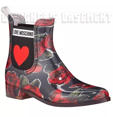 LOVE MOSCHINO Rubber 38 Black & Red ROSES Logo HEART Ankle Rainboots NIB Authent • $119.99