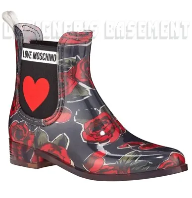 LOVE MOSCHINO Rubber 40 Black & Red ROSES Logo HEART Ankle Rainboots NIB Authent • $119.99