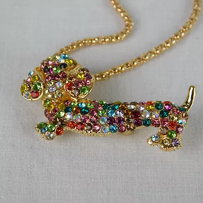 Dachshund Gold Multi-Colored Rhinestone Necklace Pendant Wiener Dog 1.75  Long • $12