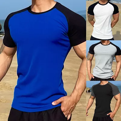 Mens Tight Fit Muscle Short Sleeve T-Shirt Gym Sport Tee Shirts Casual Tops UK • £5.99