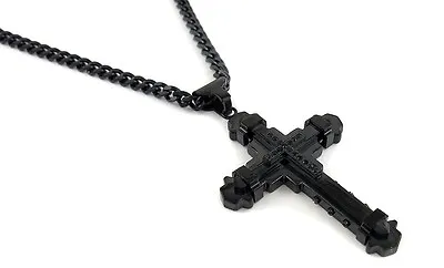 MEN's Stainless Steel 6mm 24  Black Cuban Curb Chain Cross Necklace • $14.99