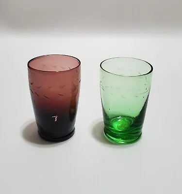 Vintage Colorful Etched Shot Glasses Lot Of 2 Purple & Green Made In Korea  • $2.97