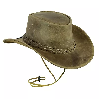 Leatherick Western Aussie Style Crazy Horse Leather Cowboy Hat With Chin Strap • £24.99