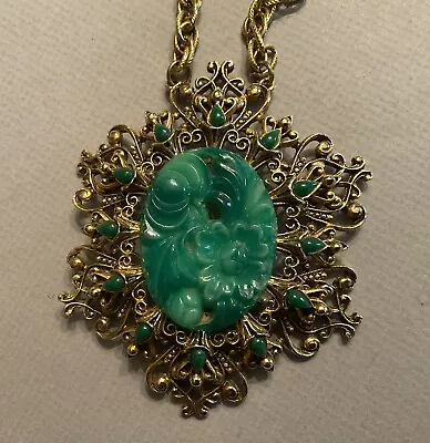 Vintage Florenza Large Faux Green Jade Necklace Pendant Signed • $45