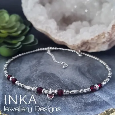 Inka 925 Sterling Silver Bead Handcrafted RED Cz Heart Bead Charm Necklace  • $44.20