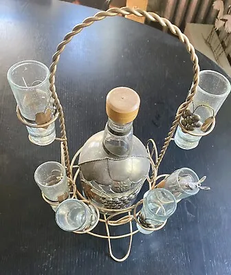 Vtg Iron Metal Tequila Whiskey Rack Bottle W/ 6 Shot Glasses-Metal Accents Exc • $124.99