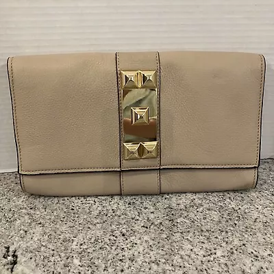 Vince Camuto Tan Pebbled Leather Clutch Purse Gold Studded Magnetic Closure • $23.97