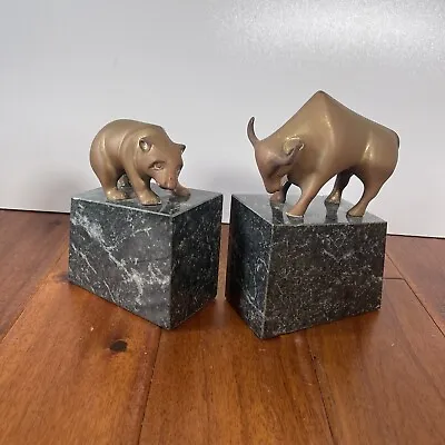 Vintage Pair Gatco Brass Bull & Bear Wall Street Stock Market Marble Bookends  • $58.95
