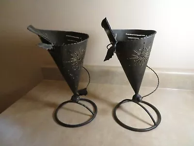 2 Rustic Metal Lantern Pillar Candle Holders W/Cut Out Star - Floral Design 11  • $19