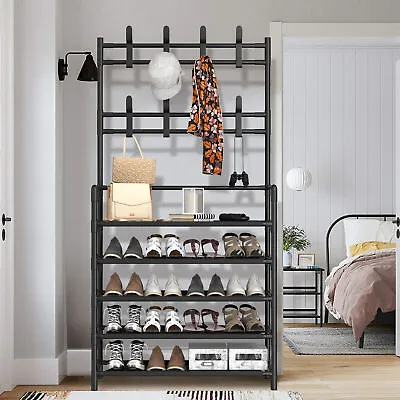 CISIVISI Coat And Hat Stand 8 Hooks Metal Shoe Rack 5 Tiers Shelf Hanger Black • £15.99