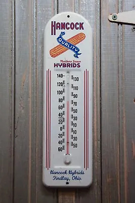 RARE 1950s HANCOCK HYBRIDS EMBOSSED METAL THERMOMETER SIGN SEED FEED FARM STORE • $297