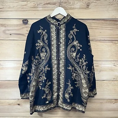 Soft Surroundings Jacket Large Black Brown Wool Embroidered Mandarin Collar B164 • $79.99