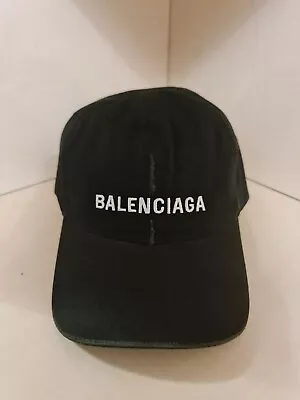 BALENCIAGA Logo Black Distressed Baseball Cap Hat Adjustable NWOT • $57