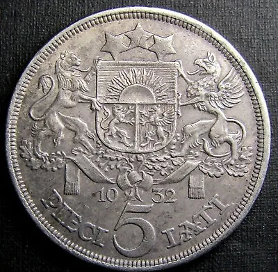 Silver Coins.Latvia 5 Lati 1932 Year. • $69.99