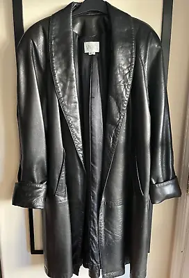 Vakko Vintage Black Leather Long Jacket  XS Shawl Collar Pockets No Buttons • $68