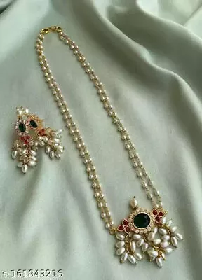 $30.58 • Buy Bollywood Indian Style Pearl Green Red CZ Gold Plated Long Necklace Jewelry Set