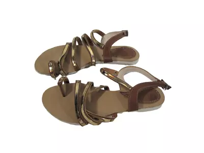 Zara Strappy Gold Brown Sandals Women 7 Flats Shoes • $22.99