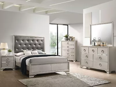 ON SALE - Silver Finish & Gray Faux Leather Queen King Bedroom Set Furniture A7B • $1631.71