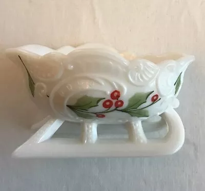 Vintage Westmoreland Milk Glass Christmas Bouquet & Holly Sleigh Candy Dish • $25