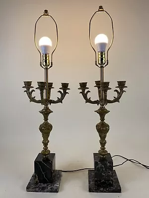 Pair Candelabra Style Lamps Gothic Revival Large Marble Bases Metal Four Arms • $200