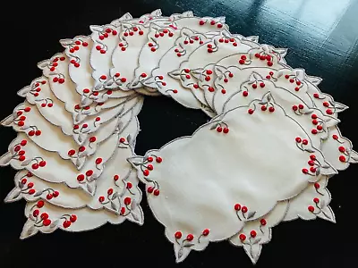 NEW Vintage Madeira Hand Embroidered Linen Cocktail Napkins Set Of 16 Cherries • $450