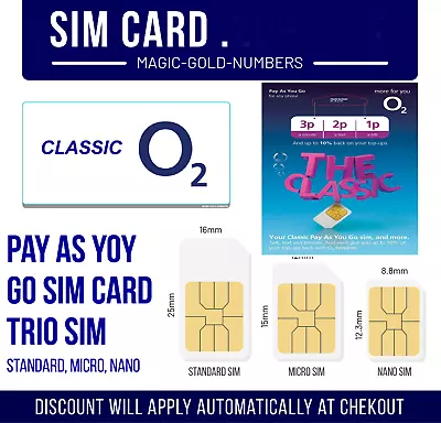 O2 Sim Card - PAYG -PAY AS YOU GO 2G/3G/4G - Classic O2 Pay As You Go 02 • £0.99