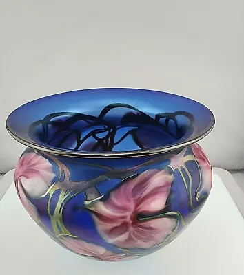 Signed John Lotton Cobalt Blue Iridescent Flower Vine Art Glass Bowl Vase • $2250