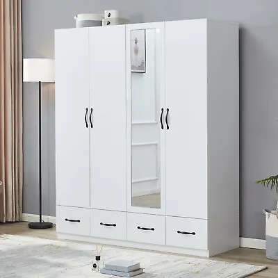 Wood Wardrobe Armoire Closet 4 Door In White Wardrobe Closet Clothes Cabinet • $519.99