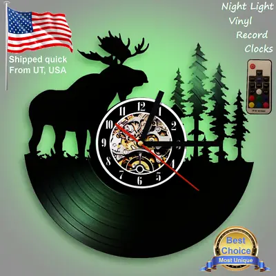 Moose Vinyl Record Back Lit LED Night Light Wall Clock Print Cabin Decor Art • $29.28