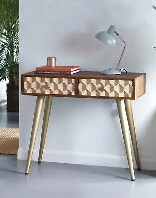 £393.99 • Buy Mango Wood 2 Drawer Console Hallway Desk Table Two Tone CNC Cuts And Gold Legs