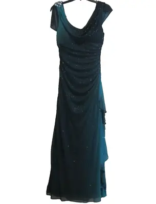 Betsy & Adam Green Sleeveless Side Ruched Sequin Bow Ruffle Maxi Gown Size 8 NWT • £66.49