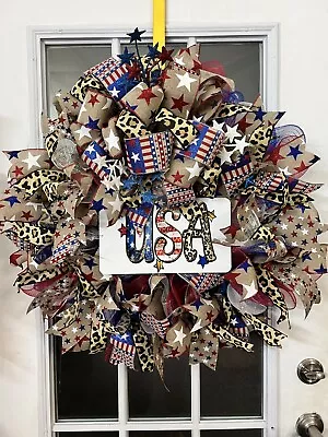 Patriotic USA With Cheetah Custom Handmade Wreath • $55