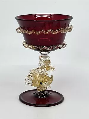 Venetian Murano Hand Blown Ruby Red 2 Oz. Cordial Glass Gold Dolphin Stem 4” • $49