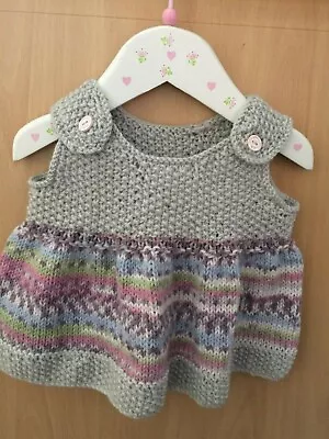 Hand Knitted Baby Girls Pinafore Dress: Grey Mix Size 14 /36cm Chest • £9.50