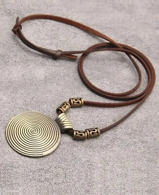 Mens Brown Leather Cord Necklace Bronze Metal Round Pendant Adjustable Boho Uk • £9.99