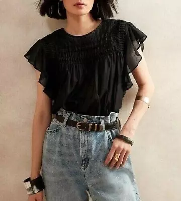 £37.48 • Buy NWT!! Banana Republic RT$90 Black Cotton Voile Pintuck Ruffled Swing Top Shirt L