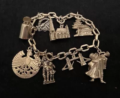 VINTAGE ANTIQUE RARE 1950's STERLING SILVER CHARM BRACELET EUROPEAN FAMOUS SITES • $93.75