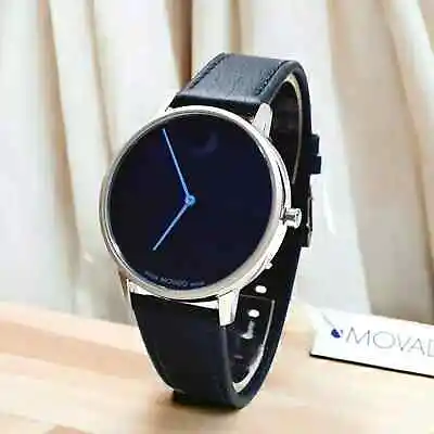 Movado Face Men’s Polished Case Black Dial Blue Hands Leather Strap Watch • $199