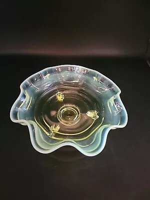 VTG  Vaseline Opalescent Ringed Footed Ruffled Bowl  • $45