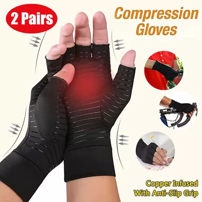 2 Pairs Anti Arthritis Compression Gloves Copper Fingerless Hand Pain Support  • $10.29