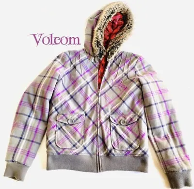 VOLCOM Plaid HOODIE COAT ~ Faux Fur Lined Zip Jacket Gray Purple - M • $34.99