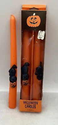 Vintage Halloween Decorative 10” Taper Candle W/Cat & Pumpkins Set Of 3 • $11.99