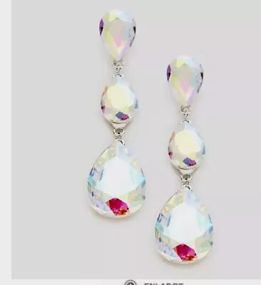 3” Long Silver Clear Aurora Borealis AB Austrian Crystal Pageant Earrings • $14