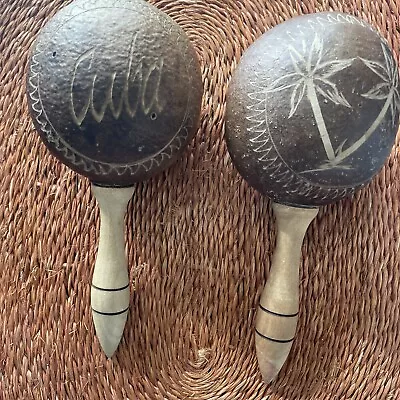 Set Of Vintage  11   Maracas Hand Carved Nice * • $19.95