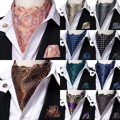 Men's Silk Ascot Cravat Tie Paisley Floral Check Hanky Cufflinks Set Wedding Tie • $12.99